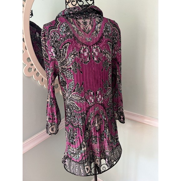 ALFANI WOMAN Purple Black Line Paisley PRINT STRETCHY Collared TUNIC TOP SIZE 12 - Picture 2 of 4